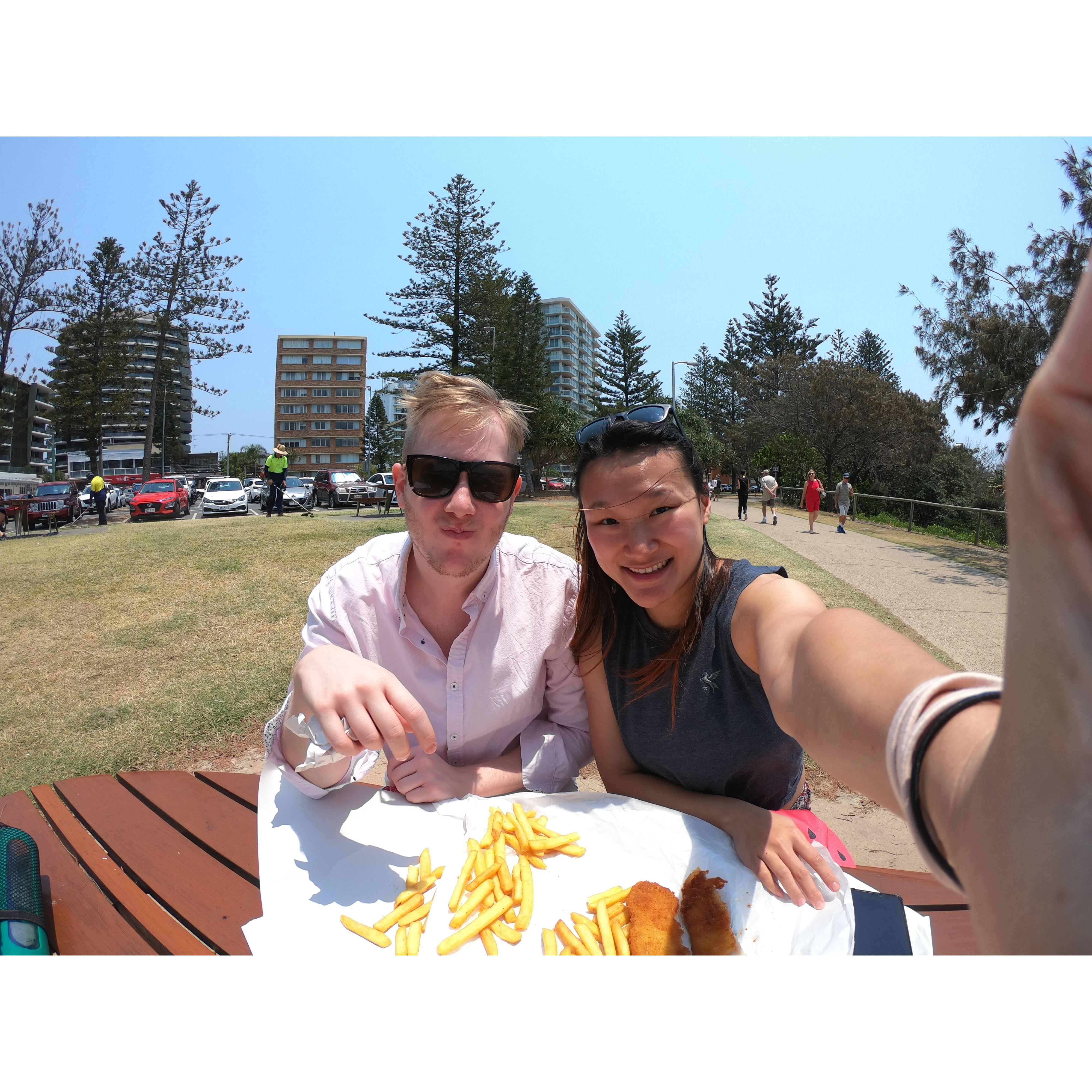 Gold coast - having our favourite fish and chips by the beach ♥