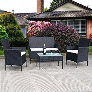 Goplus 4 PC Rattan Patio Furniture Set Garden Lawn Sofa Cushioned Seat Wicker Sofa (Mix Gray)