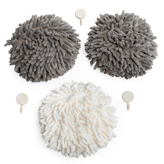 JJ KENT Fluffy Puffin's Fluff Ball Hand Towels, Set of Three, with Wall Hook Attachments