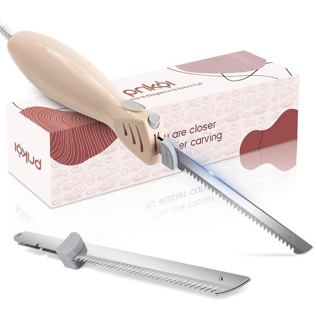 Prikoi Electric Knife - Easy-Slice Serrated Edge Blades for Carving Meat, Bread, Fillet, DIY, Ergonomic Handle + 2 Blades Cream White