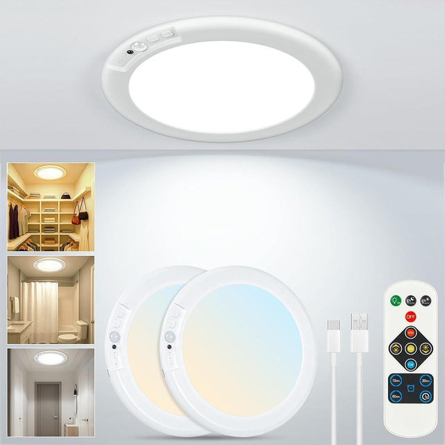 Rodalims Rechargeable Ceiling Light, No Wiring Battery Operated Ceiling Lights with Remote, Motion Sensor Dimmable Timing Motion Activated Overhead Shower Light for Bathroom Pantry Hallway Porch (2)