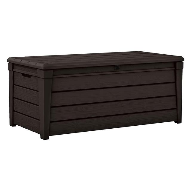 Keter Large 120 Gallon Waterproof All Weather Resistant Wood Panel Outdoor Backyard Brightwood Patio Porch Deck Garden Storage Box Bench, Brown