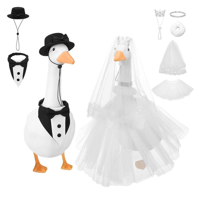 Hoemwarm Wedding Porch Goose Outfit Set Bride Groom Costume Includes Crown Veil Bow Tie Petticoat Collar Necklace Ideal for 23 Inch Outdoor Geese Couple Decor