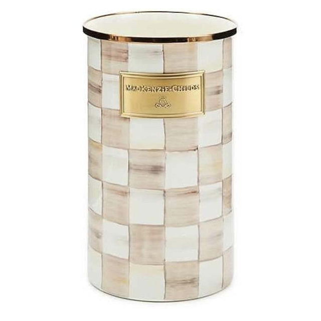 MACKENZIE-CHILDS Enamel Utensil Holder Brown-and-White Mocha Check