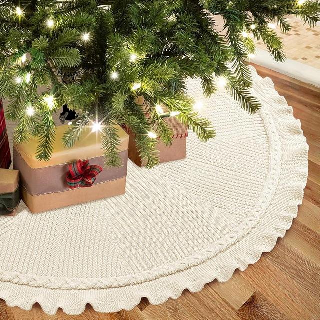 EIMMBD Christmas Tree Skirt, 48 inches Cable Knit Knitted Thick Rustic Christmas Trees Decoration for Xmas Indoor Home Holiday(A-Beige)