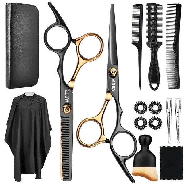 AULikY Hair Cutting Scissors Shears Kits, 15 Pcs Professional Stainless Steel Hairdressing Shears Set Thinning Scissors for Barber/Salon/Home/Men/Women/Kids/Adults