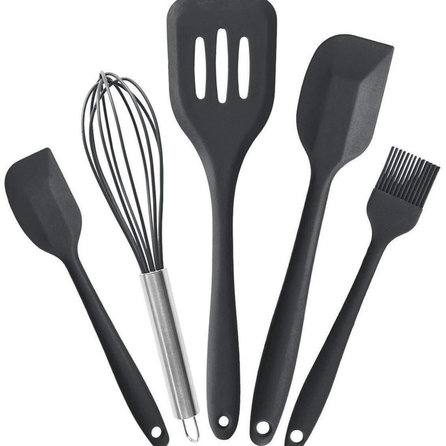 StarPack Premium Silicone Kitchen Utensils Set (5 Piece) - High Heat Resistant to 600°F, Hygienic One Piece Design Large and Small Spatulas, Whisk & Basting Brush (Gray Black)