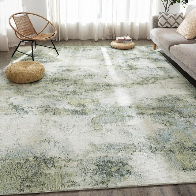 Carvapet Rugs for Living Room, Green Modern Abstract Low Pile Large Carpet with Rubber Backing, Foldable, Non Slip Machine Washable (10 x 8 Feet Rectangular, Sage Green Rug)