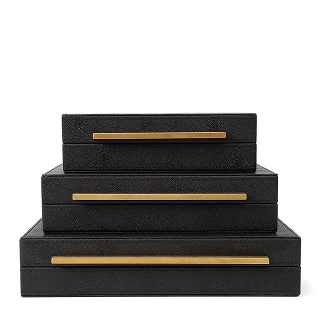 Kingflux Faux Black Shagreen Leather Set of 3 Pcs Decorative Boxes, Storage Boxes Jewelry Organizer, Men's Accessory Organizer (Black)