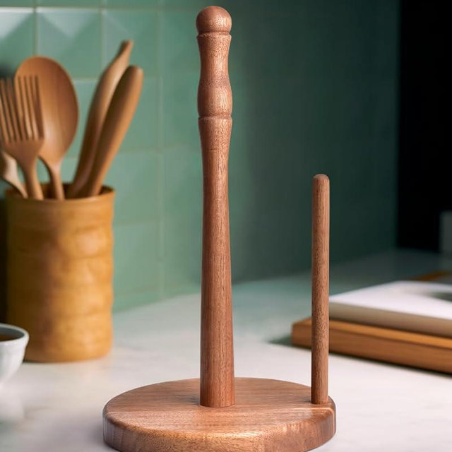 CHAUNCEY HOME Farmhouse Acacia Wood Paper Towel Holder, Weighted Base for Kitchen & Bathroom, One-Handed Operation, Standing Towel Roll Organizer, for Standard & Large Rolls, Large