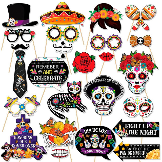 HOWAF Day of The Dead Photo Booth Props,Dia De Los Muertos Sugar Skull Photo Booth Props Kit for Halloween Mexican Fiesta Decoration,Day of The Dead Paper Cutouts