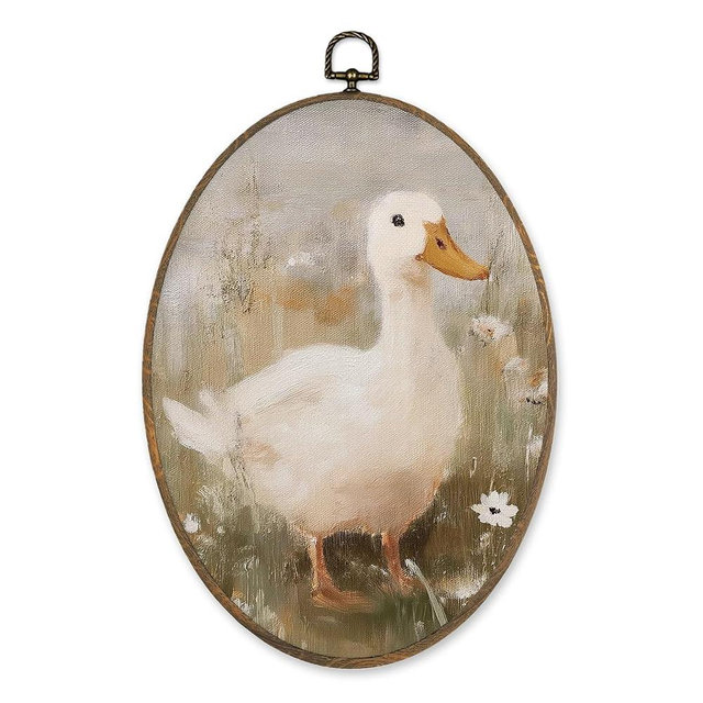 LKETW Vintage Farmhouse Duck Oval Wall Art Decor, Cottagecore Duck Wildflower Oval Canvas Hanging Decor, Rustic Farm Animal Wall Decorations for Home Bedroom Living Room, 8.6x11.4 Inch