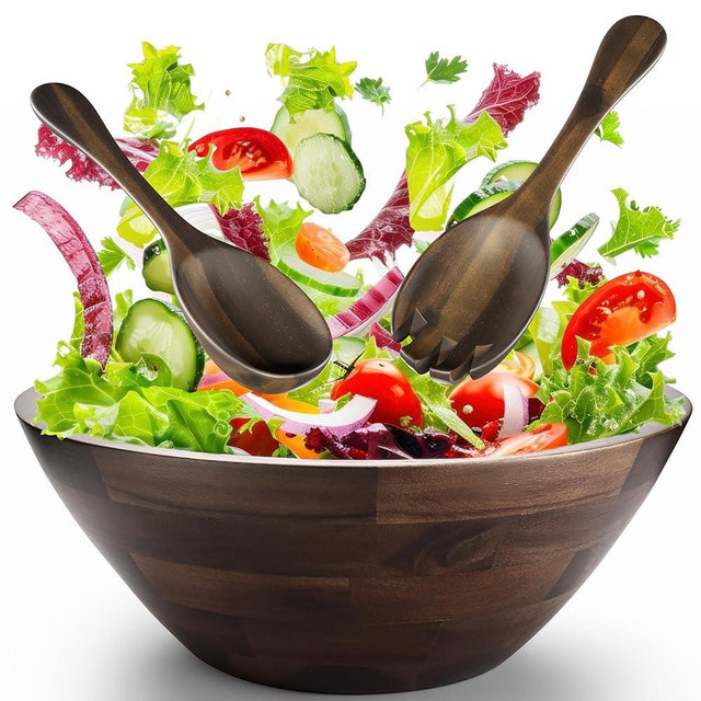 Tidita Acacia Wood Salad Bowl Set with Spoon, Fork - Large Salad Bowl with Serving Utensils - Big Mixing Bowl (12.2" Diameter x 4.75" Height) (Walnut Color)