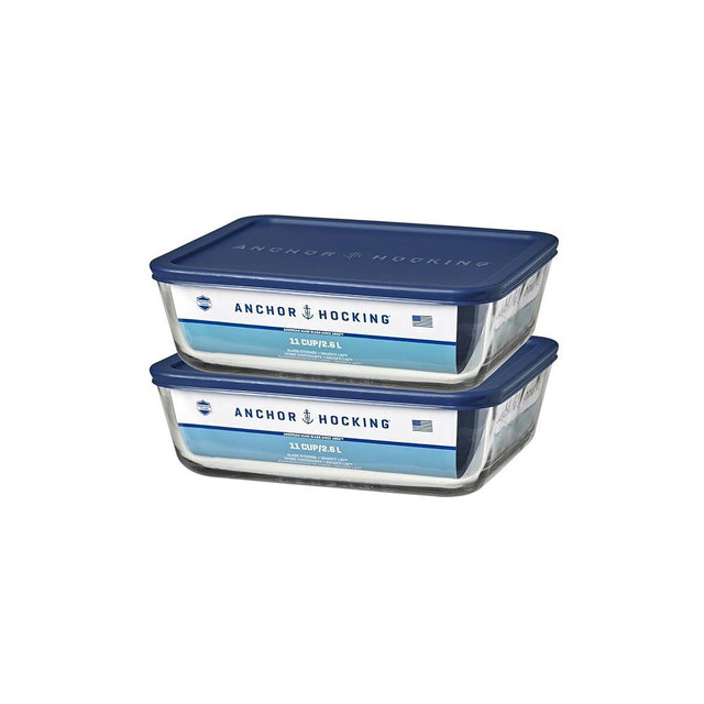 Anchor Hocking 11-Cup Glass Storage Containers with Lids, Set of 2 Glass Food Storage Containers with Navy SnugFit Lids
