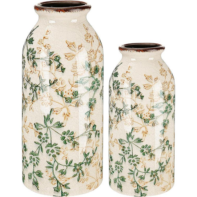 Ninehaoou 2 Pcs Vintage Ceramic Flower Vase, Rustic Boho Farmhouse Decor for Home, Table, Shelf, Office, Small Decorative Centerpiece, Cute Aesthetic Gift (6.1 Inches/7.8 Inches)