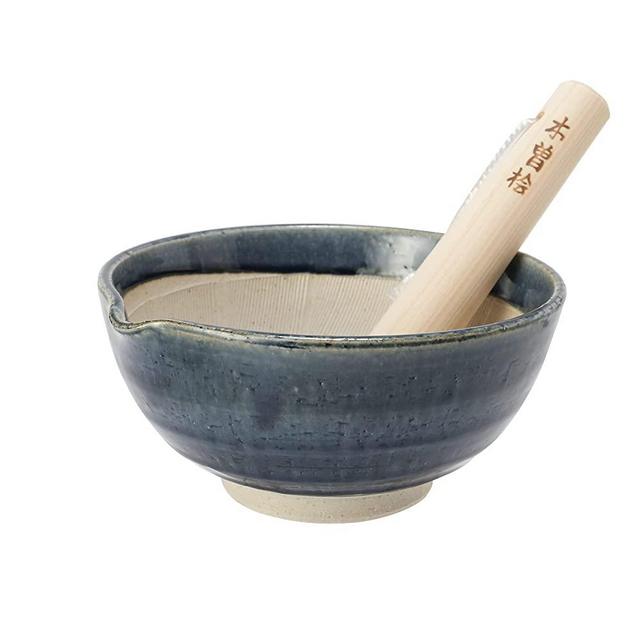 Tikusan Ceramic Ripple Ridge Mortar & Pestle (Suribachi & Surikogi) Set with Spout Made in Japan Mino Ware (Large, Blue)