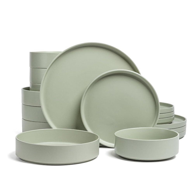 over&back Stackable Dinnerware Set - Stoneware Dishes - Comes with 4 Dinner Plates, 4 Salad Plates, 4 Cereal Bowls, and 4 Dinner Bowls - 16-Piece All-Occasion Place Settings - Semi-Matte Sage