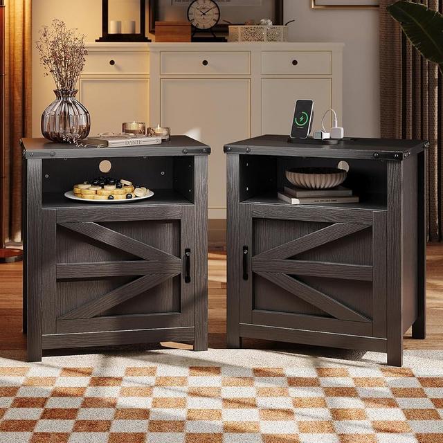 oneinmil Farmhouse End Table, 21'' Rustic Nightstand with Barn Door, Sofa Side Table with Open and Closed Storage, 2-Piece Set for Living Room, Bedroom, Black