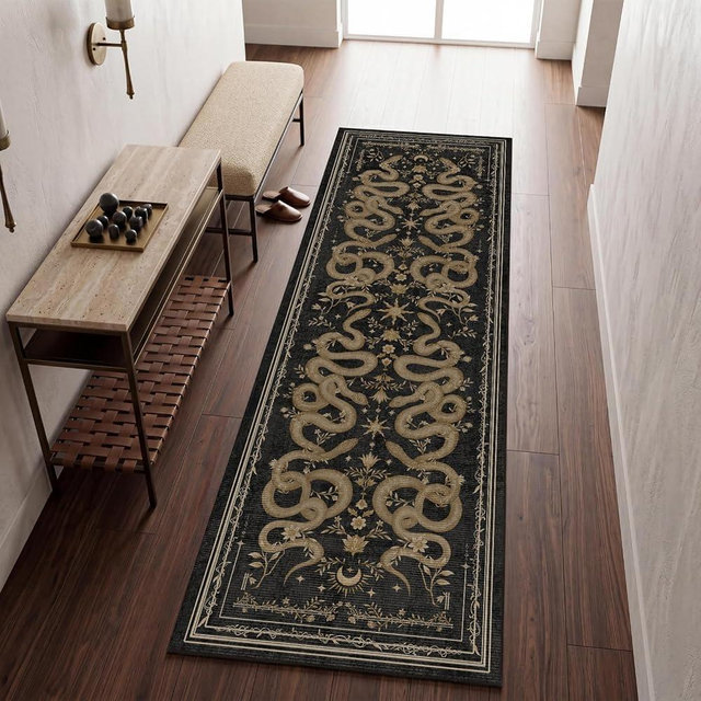 Garvee Snake Gothic Washable Kitchen Runner Rug 2x6 Dark Whimsical Unique Soft Thin Indoor Floor Mat for Bathroom Hallway Entryway Bedroom Indoor Decor Low Pile Non-Slip TPE Backing Black Gray