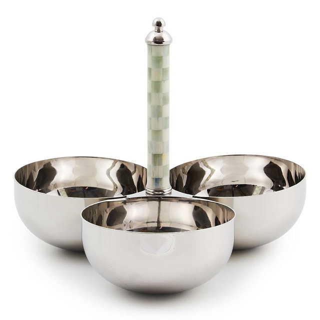 MACKENZIE-CHILDS Supper Club Trio, Stainless-Steel Serving Bowls for Condiments and Snacks, Gray-and-White Sterling Check