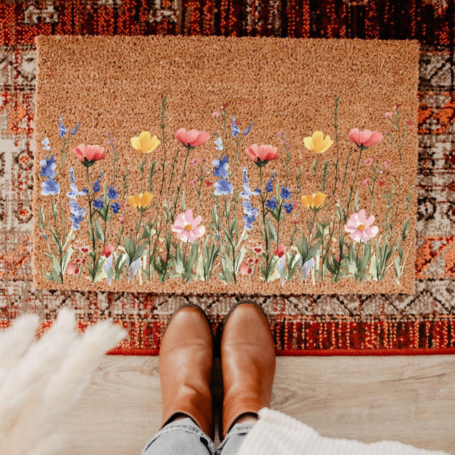 Wildflower Pattern Doormat, Boho Floral Welcome Mat, Spring Blossom Home Decor, Colorful Flowers Front Porch Coir Mat, Charming Entrance Rug