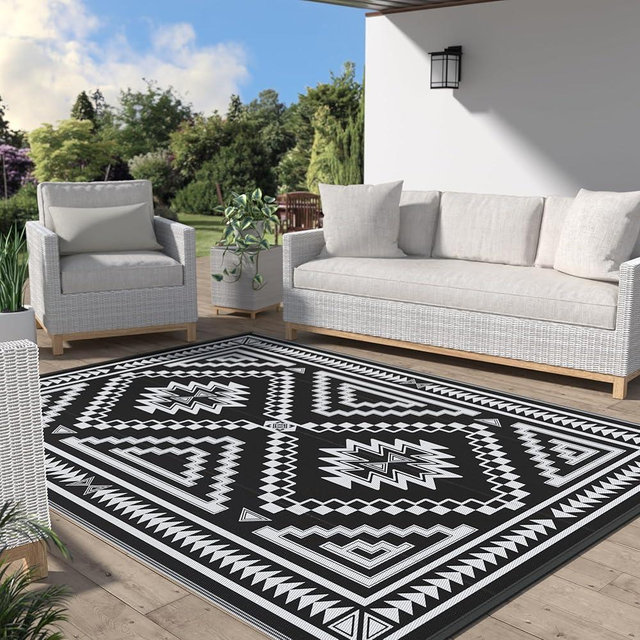 GENIMO Outdoor Rug for Patio Clearance - 6x9 ft Waterproof Plastic Camping Rugs, Reversible Outside Rv Mat Carpet for Porch, Deck, Picnic, Balcony, Beach, Backyard, Black White