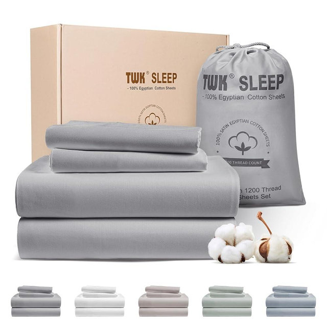 TWK 1200 TC 100% Egyptian Long-Staple Cotton Bedding Sheets Set, Luxury Hotel Style Deep Pocket with Elastic Reinforced Seams Sheet Set, Soft & Comfy Natural Sheets(Gray King)