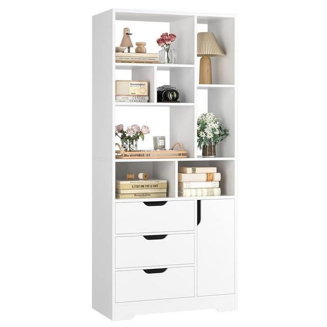 FOTOSOK 71 Inches Tall Bookshelf, White Bookshelf with 3 Drawers and 8 Open Shelves, Modern Bookshelf Organizer for Storage, Tall Bookcase with Drawers for Living Room, Study, Kitchen, Home Office