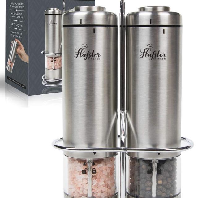 Battery Operated Salt and Pepper Grinder Set - Electric Stainless Steel SaltPepper Mills(2) by Flafster Kitchen -Tall Power Shakers with Stand - Ceramic Grinders with lights and Adjustable Coarseness