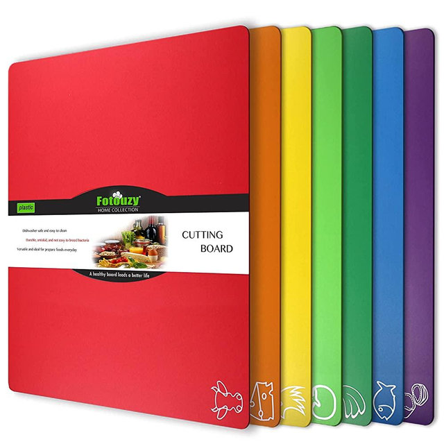 Cutting Board Mats Flexible Plastic Colored Mats With Food Icons, Fotouzy BPA-Free, Non-Porous, Upgrade 100% Anti-skid back and Dishwasher Safe, Set of 7