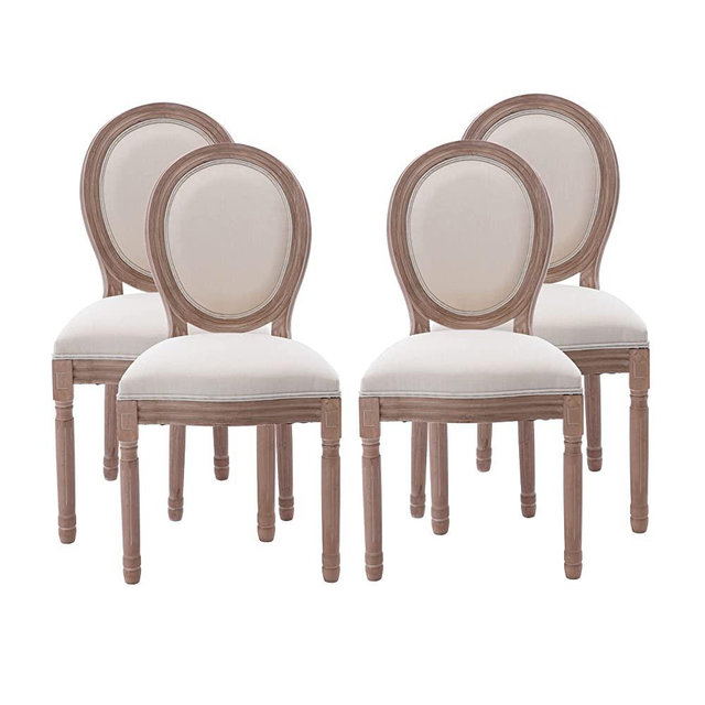 Nrizc French Country Dining Chairs Set of 4, Farmhouse Fabric Dining Room Chairs with Round Back, Brown Wood Legs, Oval Side Chairs for Kitchen/Bedroom/Dining Room