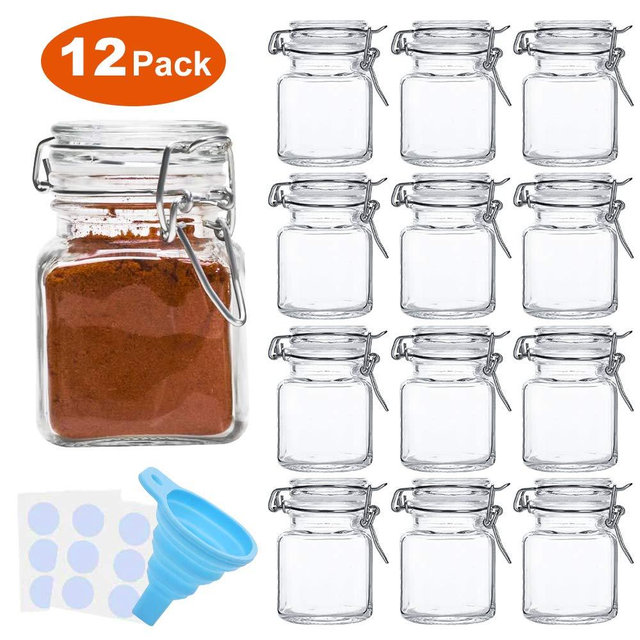 Spice Jars, SPANLA 12 Pack 4oz Small Glass Jars with Airtight Hinged Lid, With 12 Spice Labels & Silicone Funnels, Airtight Glass Jars for Spices, Condiments Herb Seasoning Art Craft Storage (12 Pack)
