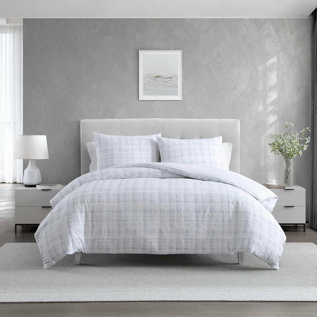 Vera Wang - King Comforter Set, Reversible Plaid Bedding with a Naturally Soft Feel, 3 Piece Bed Set with Matching Pillowcases (Blurred Plaid/Tatami Blue)