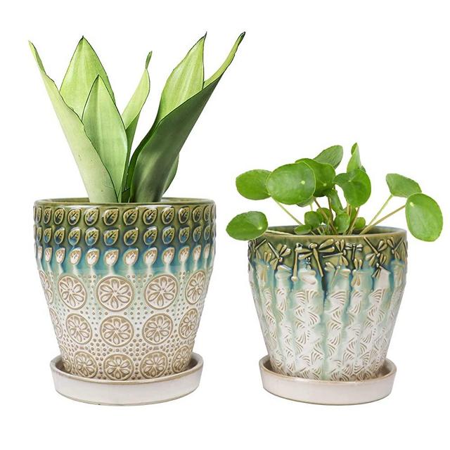 YQSLYSF 6 Inch + 5 Inch Ceramic Planter with Drainage Hole and Saucer for Plants, Indoor-Outdoor Round Succulent Orchid Garden Flower Pot - Set of 2