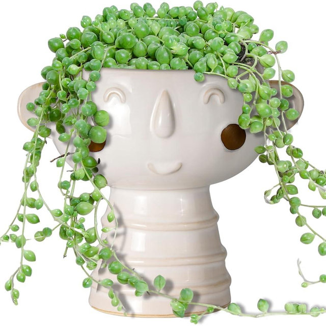 Fivepot Head Planter for Indoor Plants - 7 Inch Ceramic Face Planter, Cute Succulent Pot with Drainage Hole, Indoor Outdoor Flower Plant Pot, Home Garden Decor, Gift for Plant Lovers, White