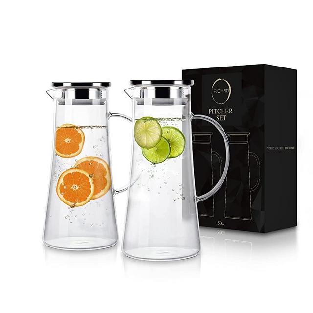 Glass pitcher with Lid and Spout Set of 2 - Heat Resistant Glass Carafe Pitcher With Stainless Steel Lid - 1.5 Liter Good For Coffee Juice Beverage Pitcher For Juice and Iced Tea pitcher Water Carafe