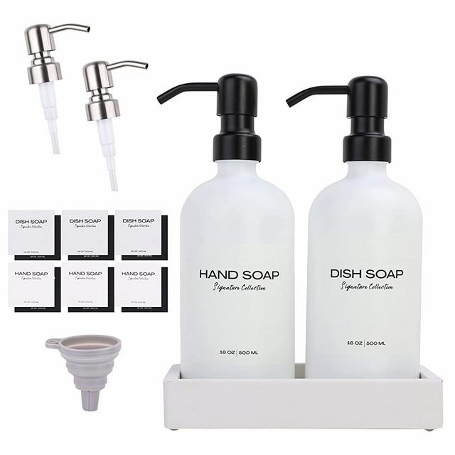Glass Soap Dispenser Set for Bathroom or Kitchen - White/Black Hand and Dish Soap Dispenser Set for Hand Soap, Dish Soap, Lotion, & More - Amber Glass Bottles with Concrete Tray, Pumps, & Labels