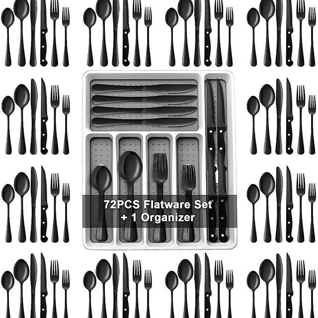 73-Piece Silverware Set with Flatware Drawer Organizer, AIKWI Stainless Steel Cutlery Set Service for 12, Tableware Eating Utensils with Steak Knives, Dishwasher Safe, Mirror Polished & Heavy Duty