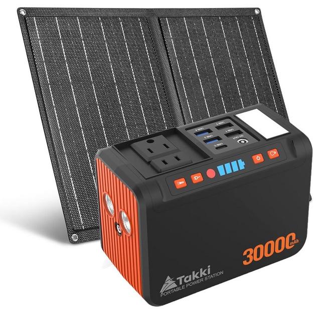 Takki 111Wh Solar Generator Portable Power Station with Solar Panels 21W Included, 120W Peak Camping Solar Charger System Power Bank AC DC USB Ports for Camping Emergency Outdoor