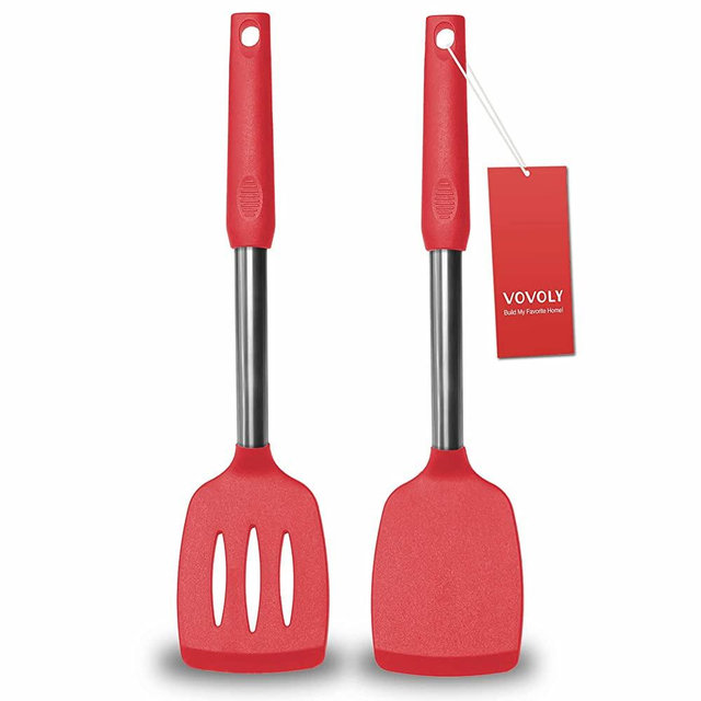 2 Pack Spatulas, Solid & Slotted Silicone Spatula Set, Stainless Steel Handle Coated with Silicone, Non Stick Turners, Heat Resistant BPA Free Rubber Spatulas for Fish, Eggs, Pancakes, WOK, Red