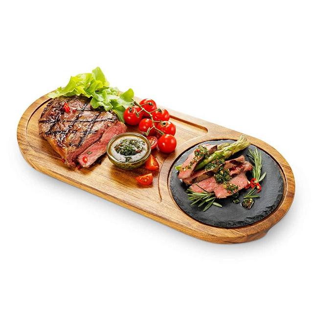 Wooden Steak Plate with Juice Channel Acacia Wood Platter with Slate Stone for BBQ Cheese Fish & Meat - Premium Serving Tray with Hand Grooves, Worth Cutting Board for Kitchen & Dining