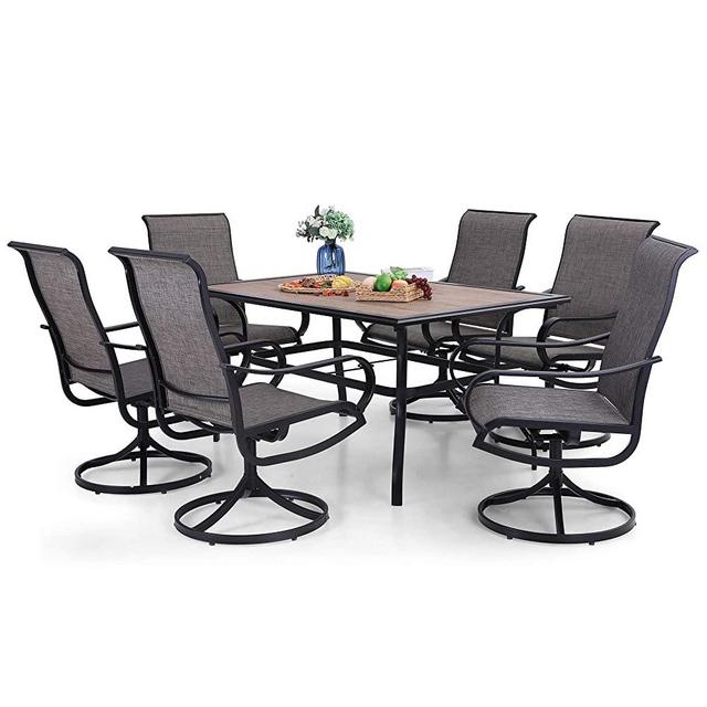 PHI VILLA Patio Dining Set for 6, 7 Piece Outdoor Table and Chairs with 6 Swivel Patio Chairs & 1 60" x 38" Wood Like Metal Dining Table(1.57" Umbrella Hole), All Weather Clearance for Lawn Garden