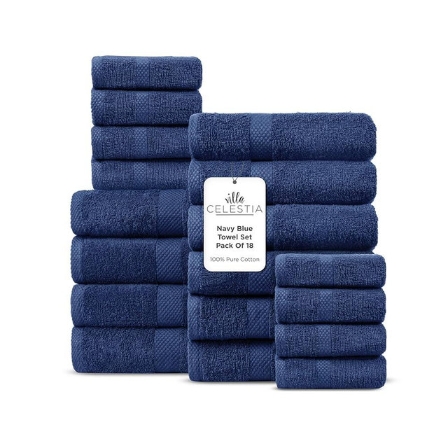 Villa Celestia 100% Cotton Bath Towel Set of 18-4 Bath Towels, 6 Hand Towels, 8 Wash Cloths, Sustainable, Soft, Highly Absorbent, Combed Cotton 18 Piece Set for Hotels, Spa, Bathroom, Dorm, Navy Blue