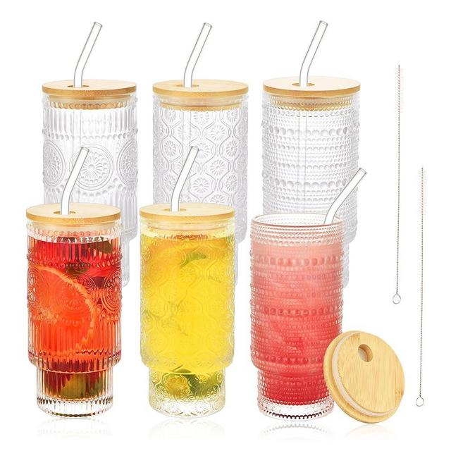 Paoren 6Pcs Glass Coffee Cups with Lids and Straws, 16 oz Vintage Glasses Drinking Set, Glassware Drinkware Glasses Set, Iced Coffee Cup Tumbler Ideal for Boba Tea Beer Cocktail Juice, Mixed