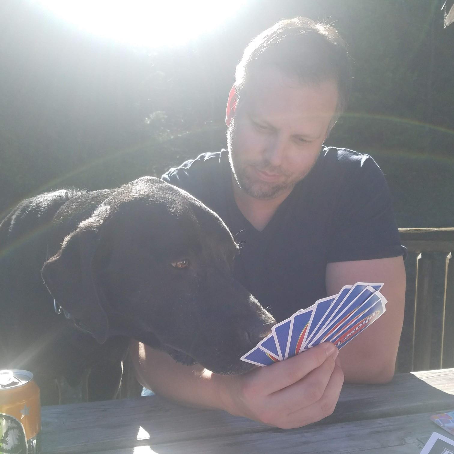 Allison's moms dog, Mr. Oakley, and Jon have an inseparable bond. Pictured here is Mr. Oakley helping Jon pick the right card while we were staying in the mountains for a birthday. We could fill an entire picture album with Jon and Mr. (or as Jon likes to address him, Senor,) Oakley. April 2019