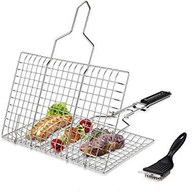 Fiamma Foldable Grill Basket – Durable Food Grade Stainless Steel Portable Grilling Basket for Fish, Meat, Vegetables, shrimp and seafood. Barbecue Basket with Removable Handle. Additional Grill Brush