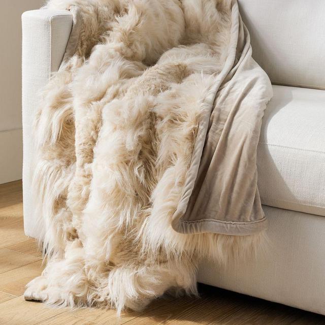 Mongolian Patchwork Faux Fur Throw: 50x60 Inches: Ivory