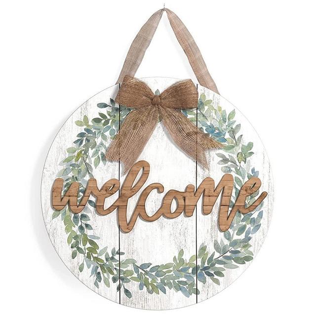Barnyard Designs Rustic Wood Hanging Welcome Sign for Front Door or Covered Outdoor Porch, Farmhouse Home Decor, White 12” x 12”