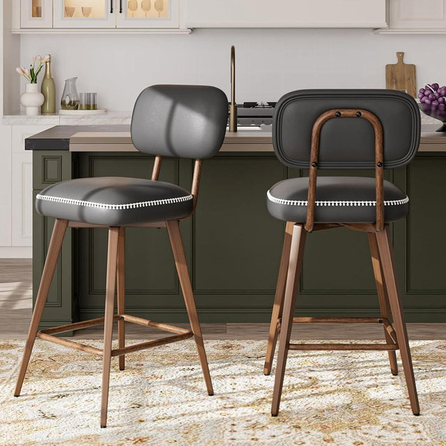 MALOL 26“ Swivel Bar Stools Set of 2, Mid Century PU Leather Counter Height Bar Chairs with Low Back and Metal Legs, Modern Bar Stool Chair for Kitchen Island, Black