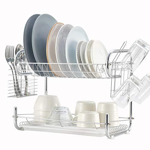 2 Tier Dish Rack, NATUROUS Dish Drying Rack Kitchen Organizer with Drain Board, Chrome